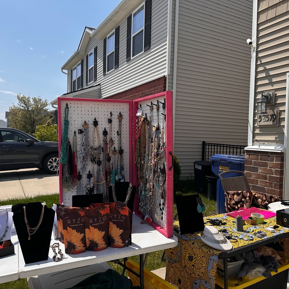 Colorful Jewelry Display with Pink Frame
